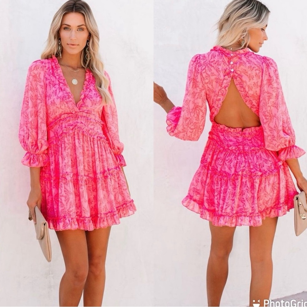 Vici At First Blush Tiered Ruffled Open Back Mini Dress - Barbiecore - Size M